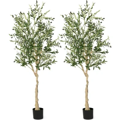 Costway 6 Feet Artificial Olive Tree In Cement Pot-2 Pieces In Multi