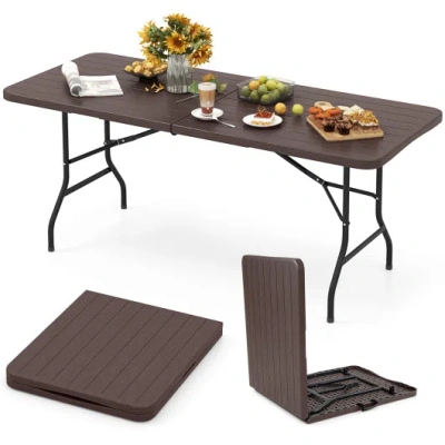 Costway 6 Feet Folding Table With Wood Grain Hdpe Tabletop And Safe Lock Mechanism-brown In Multi