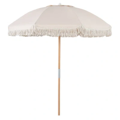 Costway 6 Feet Patio Umbrella With Fringe With Push Button Tilt And Wood Pole-white In Multi