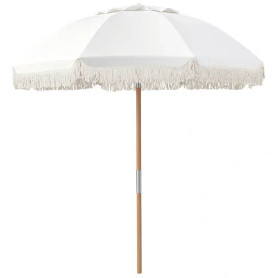Costway 6 Feet Patio Umbrella With Fringe With Push Button Tilt And Wood Pole-white Color