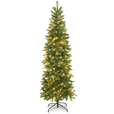 Costway 6 Feet Pre-lit Artificial Christmas Pencil Tree With 648 Pvc Pe Branch Tips In Green