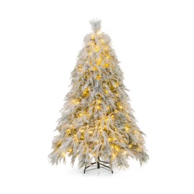 Costway 6 Feet Pre-lit Snow Flocked Christmas Tree With Warm White Led Lights-6 Ft In Brown