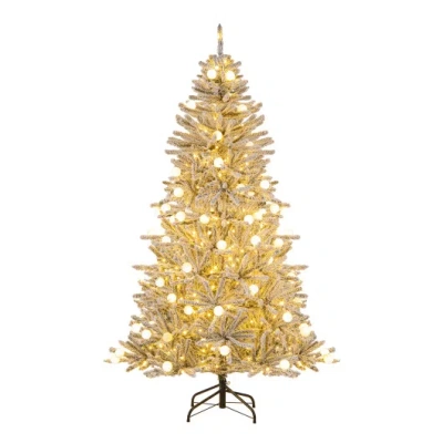 Costway 6 Feet Snow-flocked Artificial Christmas Tree Pre-lit Hinged With 81 Sphere Lights And Remote In Gold