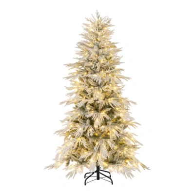 Costway 6 Feet Snow-flocked Artificial Christmas Tree Pre-lit Hinged Xmas Tree With Warm White Led Lights In Green