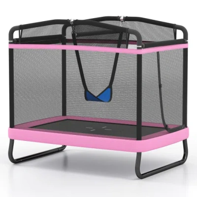 Costway 6 Ft Kids Trampoline With Swing And Horizontal Bar Small Rectangle Trampoline-pink In Multi