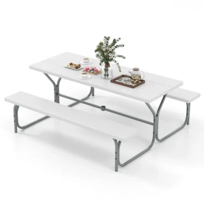 Costway 6 Ft Picnic Table Bench Set Dining Table And 2 Benches With Metal Frame And Hdpe Tabletop-white In Multi