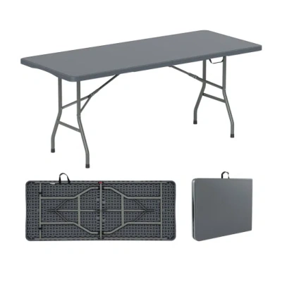 Costway 6 Ft Portable Folding Table 350 Lbs Fold-in-half Table With Hdpe Tabletop-gray In Blue