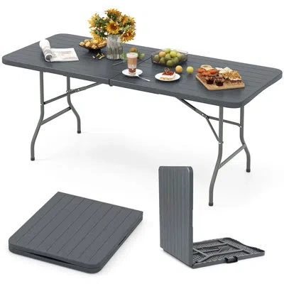 Costway 6 Ft Portable Folding Table With Wood Grain Hdpe Tabletop Safe Lock Mechanism In Gray