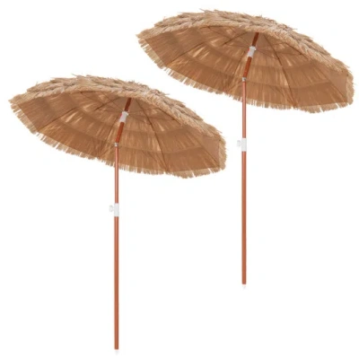 Costway 6 Ft Thatched Beach Umbrella With Push Button Tilt Carrying Bag Set Of 2-natural In Pattern