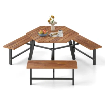 Costway 6 Person Acacia Wood Picnic Table Bench Set With 3 Seats In Multi