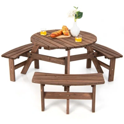 Costway 6 Person Wooden Picnic Table Set With Bench And Umbrella Hold In Brown