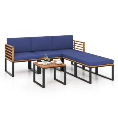 Costway 6 Piece Patio Acacia Wood Conversation Sofa Set With Ottomans And Coffee Table-navy In Blue