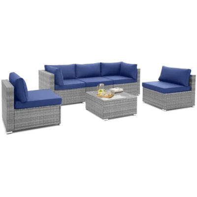 Costway 6 Piece Patio Conversation Sofa Set With Tempered Glass Coffee Table-navy In Multi