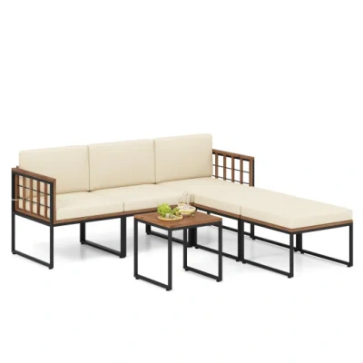 Costway 6 Pieces Acacia Wood Patio Furniture Set With Coffee Table And Ottomans-beige In Neutral