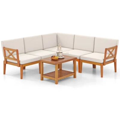 Costway 6 Pieces Acacia Wood Patio Furniture Set With Cushions And 2-tier Coffee Table-white In Brown