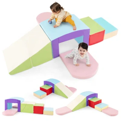 Costway 6 Pieces Foam Climbing Blocks Soft Play Climbing For Toddlers With Tunnel-beige In Multi
