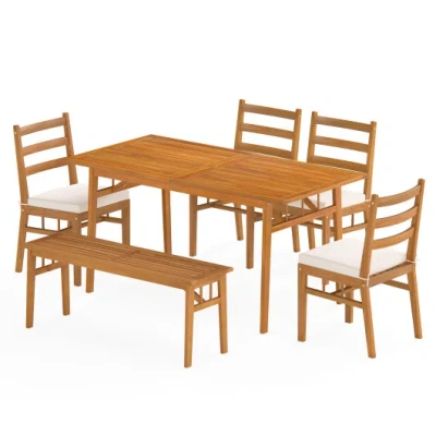 Costway 6 Pieces Patio Acacia Wood Dining Set With Bench Rectangular Table And Chairs In Brown