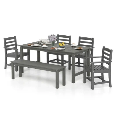 Costway 6 Pieces Patio Dining Bench Set Outdoor Hdpe Weather Resistant Table And Chairs Set-grey In Multi