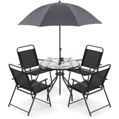 Costway 6 Pieces Patio Dining Set Folding Chairs Glass Table Tilt Umbrella For Garden-gray In Black
