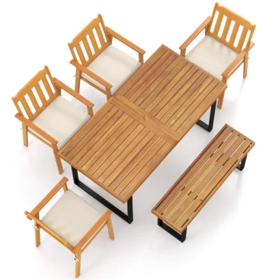 Costway 6 Pieces Patio Dining Table Set 63" Rectangle Table With 4 Acacia Wood Armchairs And Backless Bench In Multi