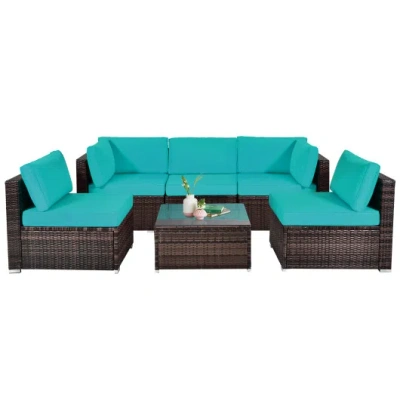Costway 6 Pieces Patio Rattan Furniture Set With Cushions And Glass Coffee Table-turquoise
