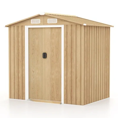 Costway 6 X 4 Feet Galvanized Steel Storage Shed With Lockable Sliding Doors-natural In Brown
