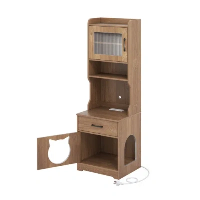 Costway 60" Cat Litter Box Enclosure With Adjustable Led Light & Storage Shelves And Charging Station-natura In Brown