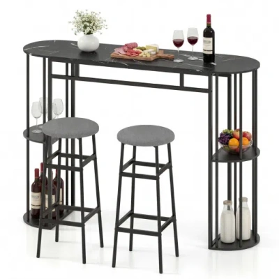 Costway 60 Inch Dining Table And 2 Upholstered Barstools With Faux Marble Tabletop-gray In Black