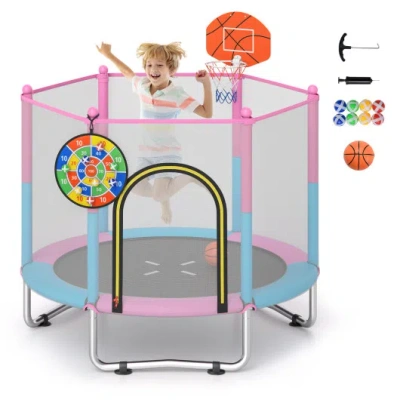 Costway 60 Inch Kids Trampoline Toddler Recreational Trampoline With Basketball Hoop-macaron In Multi