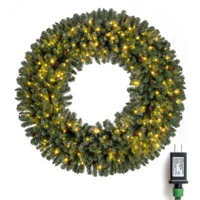Costway 60 Inch Pre-lit Artificial Christmas Wreath 200 Led Warm White Lights-1 Piece In Green