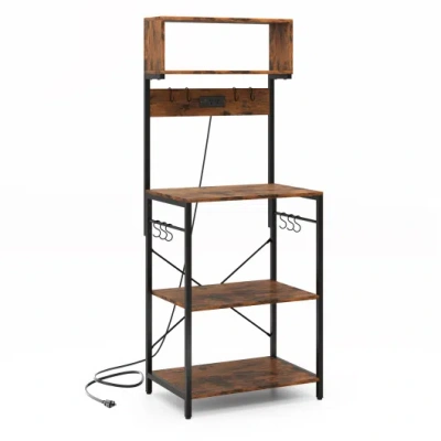 Costway 60 Inch Tall Microwave Stand With Open Shelves And 10 Hanging Hooks-rustic Brown