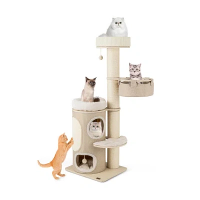 Costway 61 Inches Cat Tree For Indoor Cats With 2-stoery Condo And Top Perch-natural In Neutral