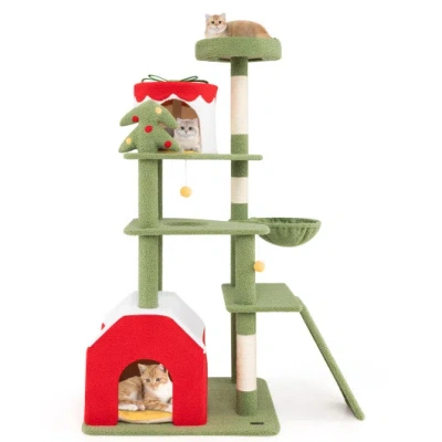 Costway 61 Inches Cute Christmas Cat Tree With Sisal Scratching Posts And 2 Condos-green