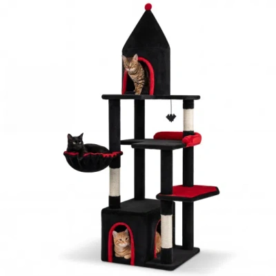 Costway 63 Inch Gothic Cat Tree With Condo And Top Cave For Large Cats 20+ Lbs-black