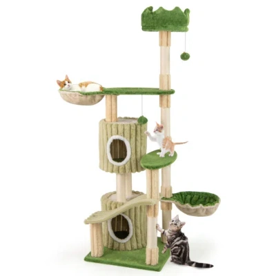 Costway 63 Inch Multi-level Aesthetic Stripped Kitten Tower With 2 Condos-green