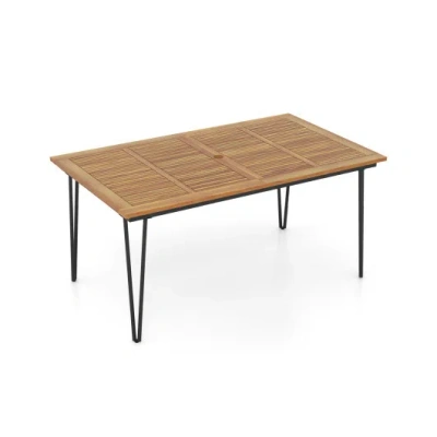 Costway 63 Inch Rectangular Outdoor Dining Table For 6 People With Acacia Wood Tabletop And Umbrella Hole-63 In Brown