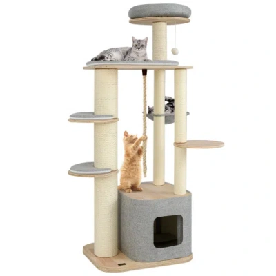 Costway 63 Inch Tall Cat Tree Modern Wooden Cat Tower With Perch Condo Hammock-gray In Brown