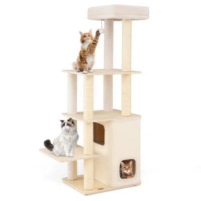 Costway 63 Inch Tall Wooden Cat Tree With 2-story Condo And Plush Padded Top Perch-natural In Pink