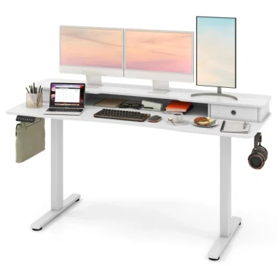 Costway 63 Inch X 24 Inch Electric Standing Desk With 2 Drawers-white In Gray