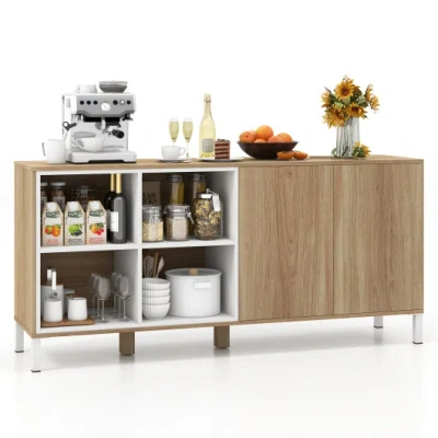 Costway 63 Inches Buffet Sideboard With 4 Compartments And Push-to-open Cabinet-natural In Brown