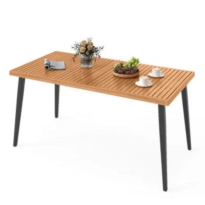 Costway 63 Inches Outdoor Indoor Dining Table With 1.97 Inches Umbrella Hole And Metal Legs In Brown