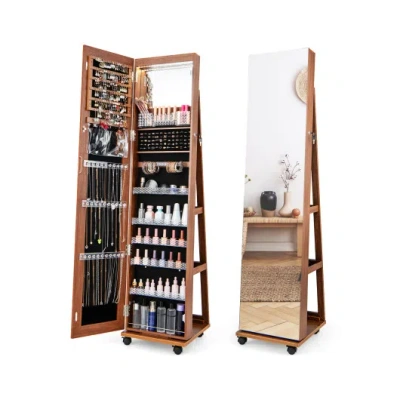 Costway 64 Inches Lockable Jewelry Cabinet Armoire With Built-in Makeup Mirror-brown