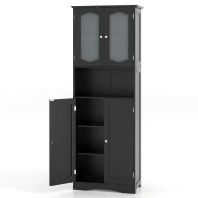 Costway 64.5 Inches Tall Bathroom Storage Cabinet With Frost Glass Doors And Shelves-black