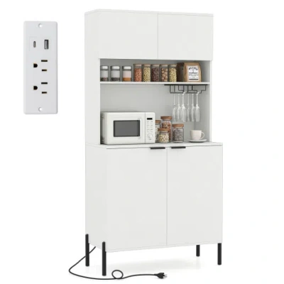 Costway 64.5 Inches Tall Kitchen Pantry Cabinet With Charging Station And Wine Glass Rack-white In Gray