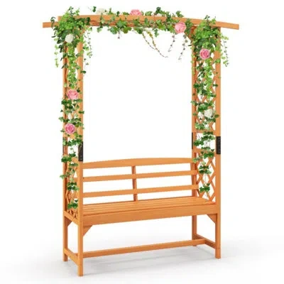 Costway 6.5 Ft Tall Patio Garden Arbor With Pergola 2-seat Bench Trellis For Climbing Plant In Yellow