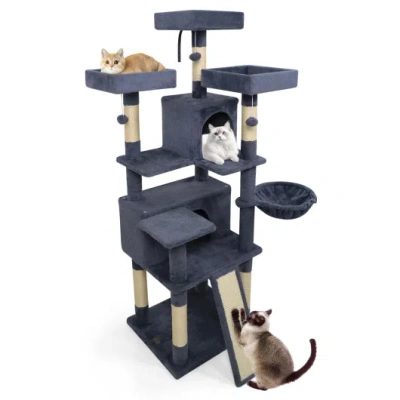 Costway 65 Inch Tall Multi-level Cat Tree With 3 Upholstered Perch And 2 Cat Condos-dark Gray In Blue