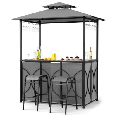 Costway 6.5 X 4 X 8 Ft Grill Gazebo Set With 2 Bar Stools And Bar Table-gray In Black