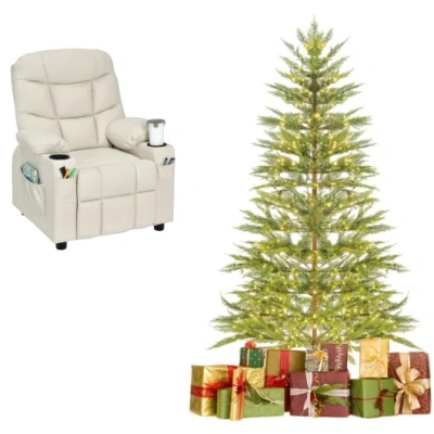 Costway 6.5ft Pre-lit Christmas Tree & Beige Kids Recliner Chair Set, Cozy Holiday Bundle In Multi