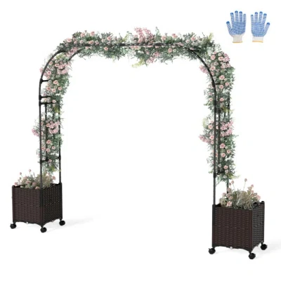 Costway 6.6 Feet Garden Arch Trellis With 2 Planter Boxes And Lockable Wheels-black In Multi