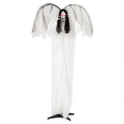 Costway 6.6 Feet Halloween Animatronic Standing Angel With Sound-activated Light-up Eyes And Flapping Wings In Gray